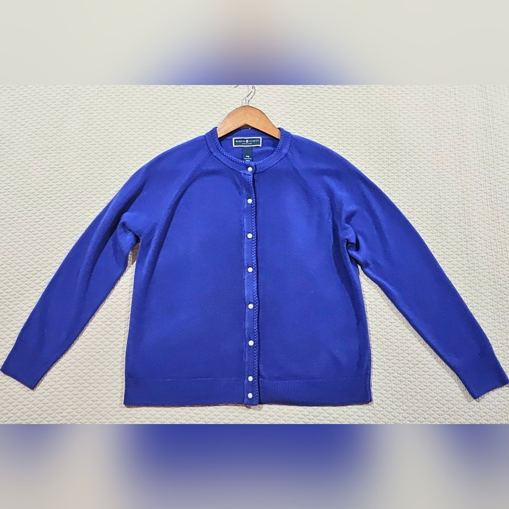 Karen Scott Blue Purple Button-Up Crewneck Knit Cardigan Size PM